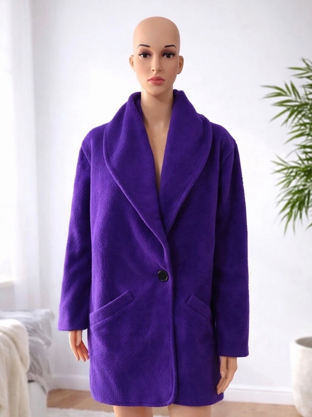 Vintage Lerner Purple Polartec Fleece Coat Shawl Collar Size M